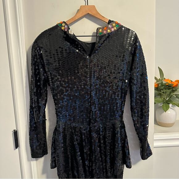 Vintage Swee Lo Black Gem Sequin Long Sleeve Mini Dress Medium - Picture 6 of 11